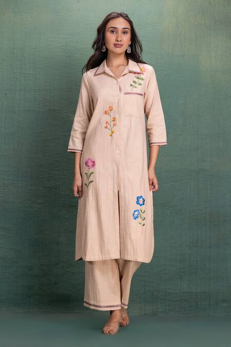 Shop Kahani Lush Beige Cotton Embroidery Collared Machine Cord Set Online at Aza Fashions Shop_Kahani Lush_Beige Cotton Embroidery Collared Machine Cord Set _Online_at_Aza_Fashions