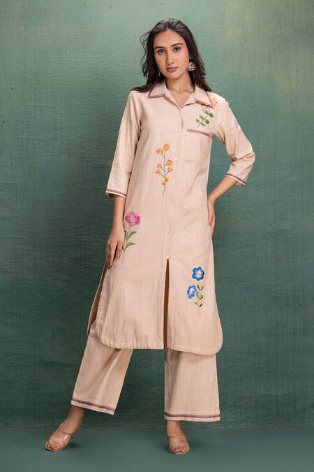 Kahani Lush Beige Cotton Embroidery Collared Machine Cord Set at Aza Fashions Kahani Lush_Beige Cotton Embroidery Collared Machine Cord Set _at_Aza_Fashions