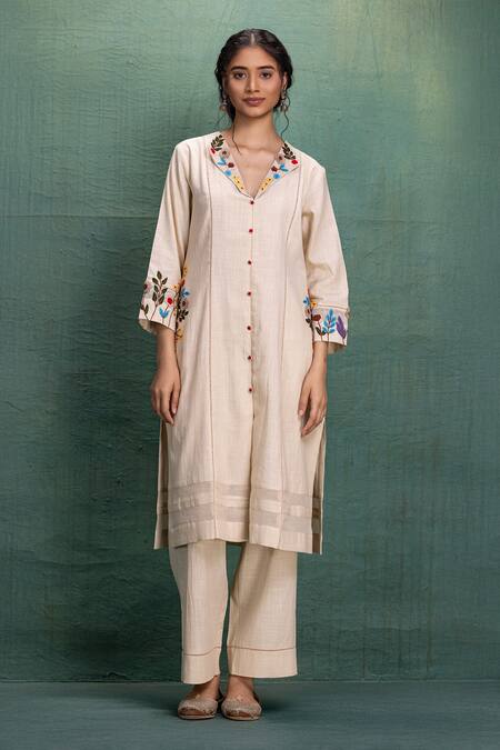 Buy Kahani Lush Beige Cotton Embroidery V-neck Machine Cord Set Online at Aza Fashions Buy_Kahani Lush_Beige Cotton Embroidery V-neck Machine Cord Set _Online_at_Aza_Fashions