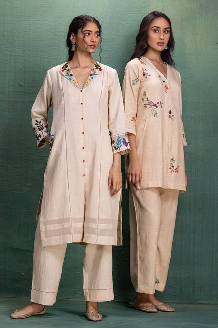 Shop Kahani Lush Beige Cotton Embroidery V-neck Machine Cord Set Online at Aza Fashions Shop_Kahani Lush_Beige Cotton Embroidery V-neck Machine Cord Set _Online_at_Aza_Fashions