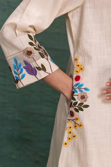 Kahani Lush Beige Cotton Embroidery V-neck Machine Cord Set at Aza Fashions Kahani Lush_Beige Cotton Embroidery V-neck Machine Cord Set _at_Aza_Fashions