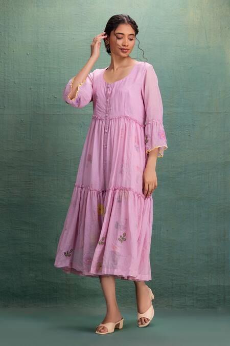 Kahani Lush_Pink Cotton Embroidery Round Neck Machine Midi Dress _Online_at_Aza_Fashions