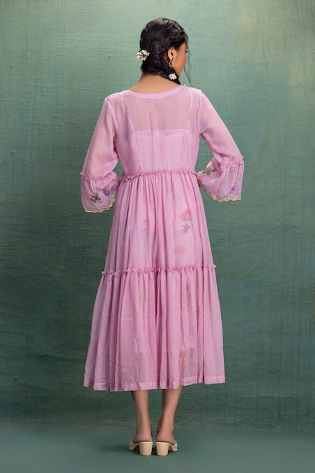 Kahani Lush Pink Machine Embroidery Midi Dress 