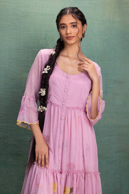 Shop_Kahani Lush_Pink Cotton Embroidery Round Neck Machine Midi Dress _Online_at_Aza_Fashions