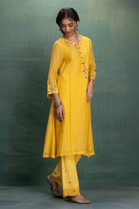 Buy Kahani Lush Yellow Chanderi Embroidery Round , Button-down Kurta Pant Set Online at Aza Fashions Buy_Kahani Lush_Yellow Chanderi Embroidery Round , Button-down Kurta Pant Set _Online_at_Aza_Fashions