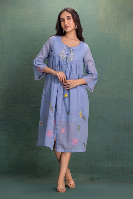 Shop_Kahani Lush_Blue Cotton Embroidery Round Neck Machine Cord Set _Online_at_Aza_Fashions