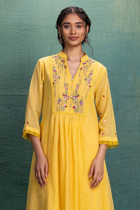 Kahani Lush_Yellow Cotton Embroidery Collared Machine Kurta Set _Online_at_Aza_Fashions