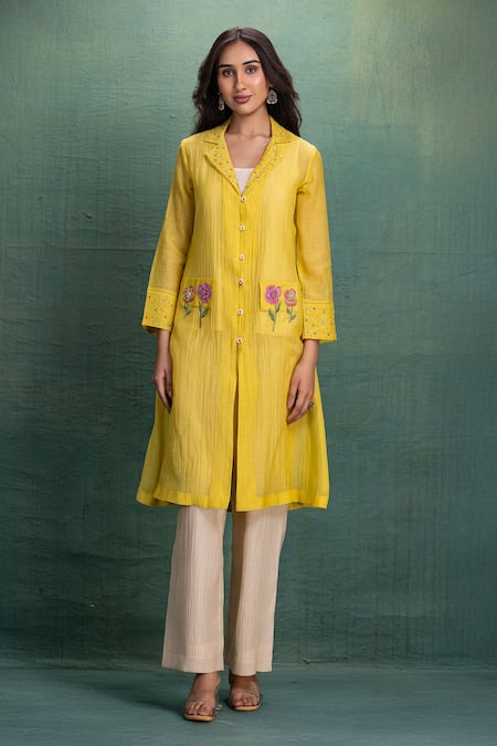 Kahani Lush Yellow Chanderi Shrug Set with Embroidery 