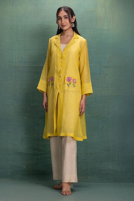 Kahani Lush Yellow Chanderi Embroidery Collared Shrug Set With Online at Aza Fashions Kahani Lush_Yellow Chanderi Embroidery Collared Shrug Set With _Online_at_Aza_Fashions