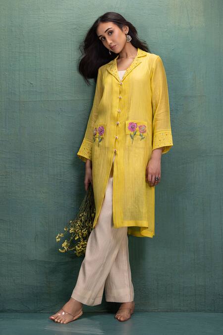 Buy Kahani Lush Yellow Chanderi Embroidery Collared Shrug Set With Online at Aza Fashions Buy_Kahani Lush_Yellow Chanderi Embroidery Collared Shrug Set With _Online_at_Aza_Fashions