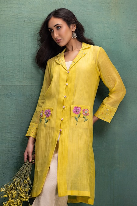 Shop Kahani Lush Yellow Chanderi Embroidery Collared Shrug Set With Online at Aza Fashions Shop_Kahani Lush_Yellow Chanderi Embroidery Collared Shrug Set With _Online_at_Aza_Fashions