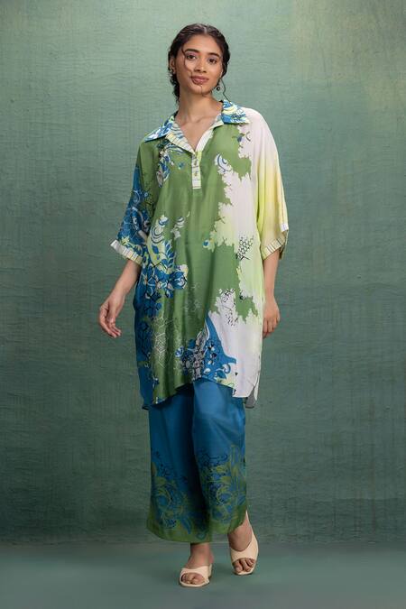 Kahani Lush Green Cotton, Silk Collared Printed Kurta And Pant Set Online at Aza Fashions Kahani Lush_Green Cotton, Silk Collared Printed Kurta And Pant Set _Online_at_Aza_Fashions