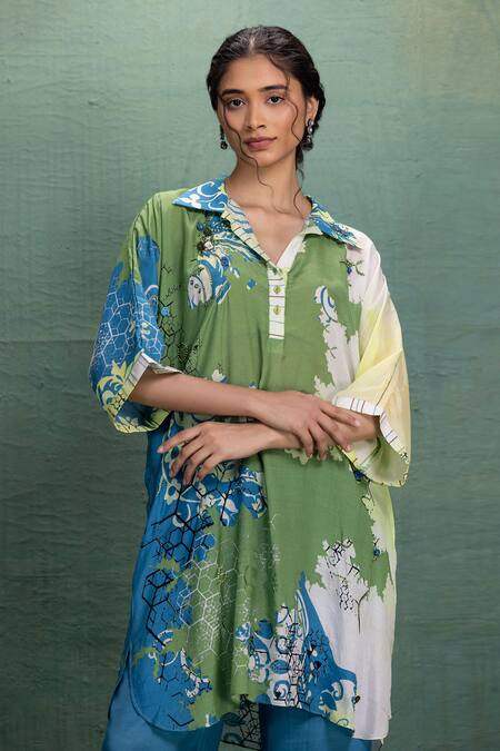 Buy Kahani Lush Green Cotton, Silk Collared Printed Kurta And Pant Set Online at Aza Fashions Buy_Kahani Lush_Green Cotton, Silk Collared Printed Kurta And Pant Set _Online_at_Aza_Fashions