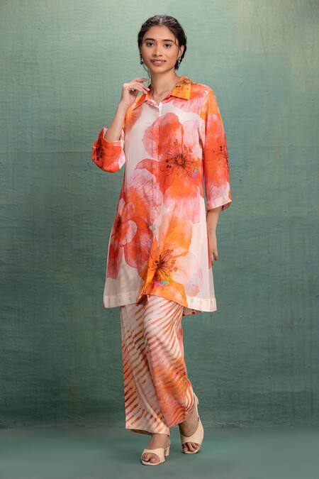 Kahani Lush Beige Cotton Collared Printed Kurta And Pant Set Online at Aza Fashions Kahani Lush_Beige Cotton Collared Printed Kurta And Pant Set _Online_at_Aza_Fashions