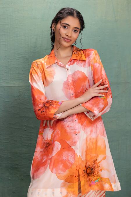 Buy Kahani Lush Beige Cotton Collared Printed Kurta And Pant Set Online at Aza Fashions Buy_Kahani Lush_Beige Cotton Collared Printed Kurta And Pant Set _Online_at_Aza_Fashions