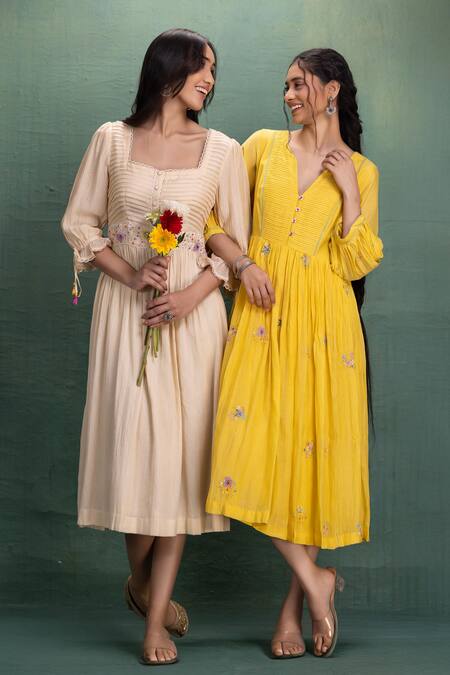 Buy_Kahani Lush_Cream Chanderi Embroidery Square Neck Hand Midi Dress _Online_at_Aza_Fashions