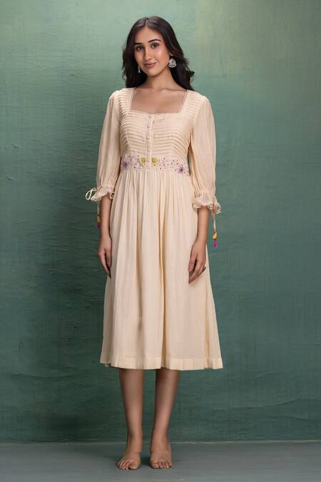 Shop_Kahani Lush_Cream Chanderi Embroidery Square Neck Hand Midi Dress _Online_at_Aza_Fashions