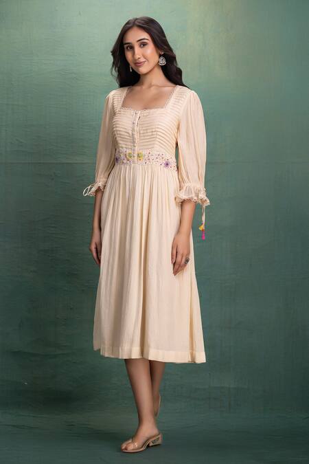 Kahani Lush_Cream Chanderi Embroidery Square Neck Hand Midi Dress _at_Aza_Fashions