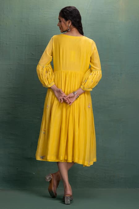 Kahani Lush Yellow Hand Embroidered Midi Dress 