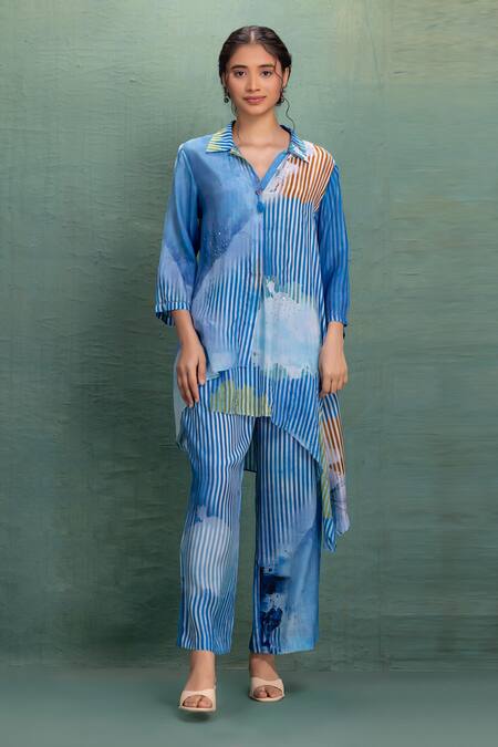 Buy Kahani Lush Blue Cotton, Silk Collared Digital Print Kurta And Pant Set Online at Aza Fashions Buy_Kahani Lush_Blue Cotton, Silk Collared Digital Print Kurta And Pant Set _Online_at_Aza_Fashions