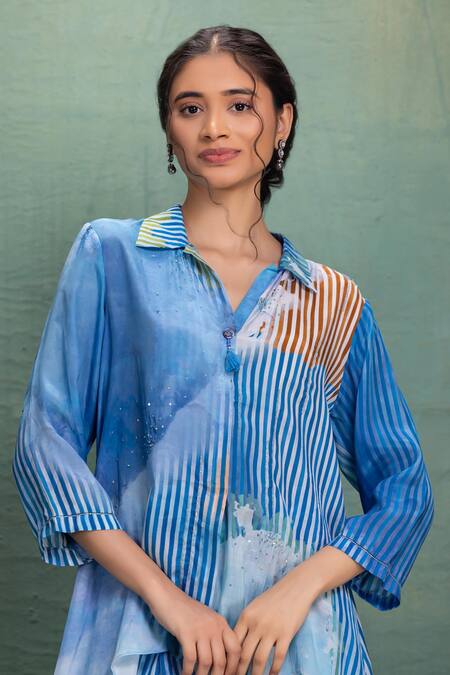 Shop Kahani Lush Blue Cotton, Silk Collared Digital Print Kurta And Pant Set Online at Aza Fashions Shop_Kahani Lush_Blue Cotton, Silk Collared Digital Print Kurta And Pant Set _Online_at_Aza_Fashions