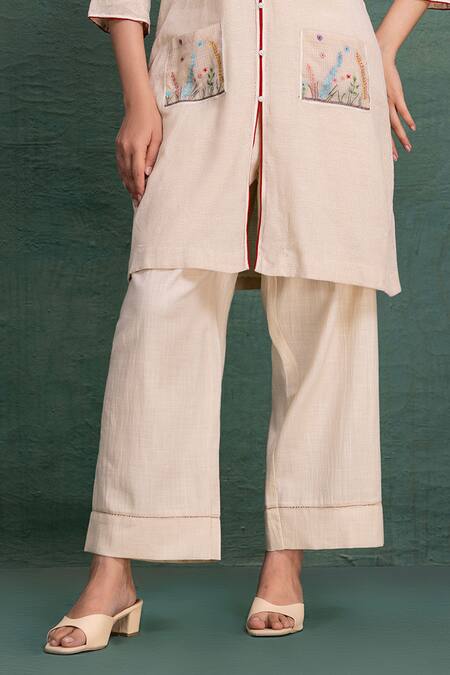 Kahani Lush Beige Cotton Embroidery Collared Mesh Kurta Pant Set Online at Aza Fashions Kahani Lush_Beige Cotton Embroidery Collared Mesh Kurta Pant Set _Online_at_Aza_Fashions