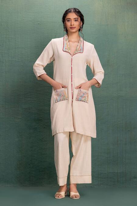 Buy Kahani Lush Beige Cotton Embroidery Collared Mesh Kurta Pant Set Online at Aza Fashions Buy_Kahani Lush_Beige Cotton Embroidery Collared Mesh Kurta Pant Set _Online_at_Aza_Fashions