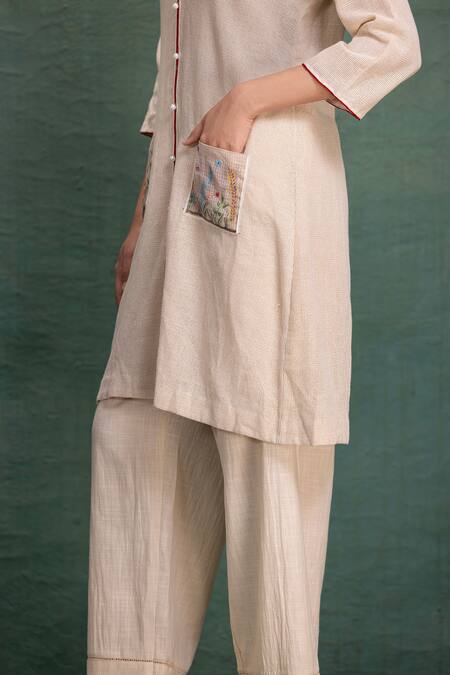 Shop Kahani Lush Beige Cotton Embroidery Collared Mesh Kurta Pant Set Online at Aza Fashions Shop_Kahani Lush_Beige Cotton Embroidery Collared Mesh Kurta Pant Set _Online_at_Aza_Fashions