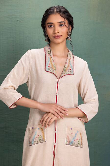 Kahani Lush Beige Cotton Embroidery Collared Mesh Kurta Pant Set at Aza Fashions Kahani Lush_Beige Cotton Embroidery Collared Mesh Kurta Pant Set _at_Aza_Fashions