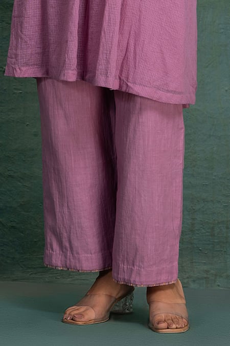Kahani Lush_Pink Cotton Embroidery Split V-neck Machine Kurta Set _Online_at_Aza_Fashions