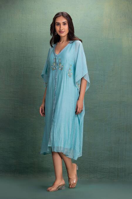 Kahani Lush_Blue Chanderi Embroidery V-neck Kaftan Dress _Online_at_Aza_Fashions
