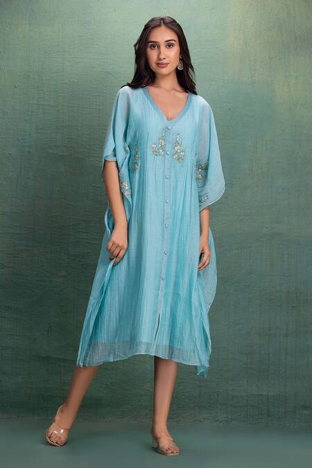 Buy_Kahani Lush_Blue Chanderi Embroidery V-neck Kaftan Dress _Online_at_Aza_Fashions