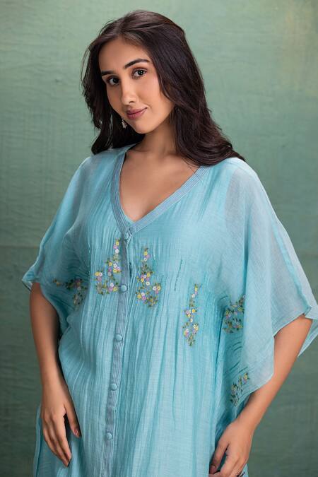 Shop_Kahani Lush_Blue Chanderi Embroidery V-neck Kaftan Dress _Online_at_Aza_Fashions