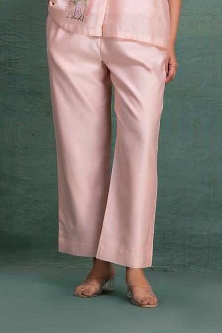 Kahani Lush_Pink Chanderi Embroidery Collared Kurta Pant Set _Online_at_Aza_Fashions