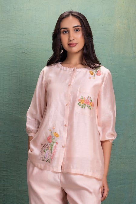 Kahani Lush Pink Chanderi Embroidered Kurta Pant Set 