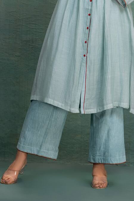 Kahani Lush_Blue Chanderi Embroidery Round Neck Machine Kurta Set _Online_at_Aza_Fashions