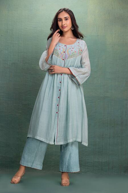Buy_Kahani Lush_Blue Chanderi Embroidery Round Neck Machine Kurta Set _Online_at_Aza_Fashions