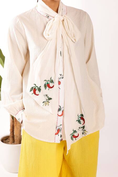 Nikasha_Cream Cotton Embroidery Turtle Neck Chilly Seersucker Shirt _Online_at_Aza_Fashions