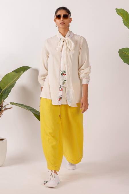 Buy_Nikasha_Cream Cotton Embroidery Turtle Neck Chilly Seersucker Shirt _Online_at_Aza_Fashions