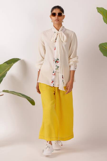 Nikasha_Cream Cotton Embroidery Turtle Neck Chilly Seersucker Shirt _at_Aza_Fashions