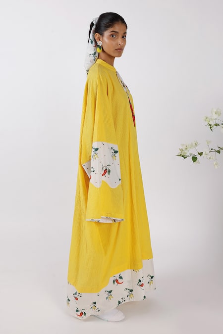 Shop Nikasha Yellow Cotton Round Neck Chilly Print Kaftan at Aza Fashions Shop_Nikasha_Yellow Cotton Round Neck Chilly Print Kaftan _at_Aza_Fashions