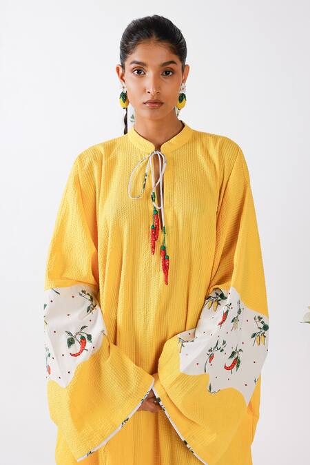 Nikasha Yellow Cotton Round Neck Chilly Print Kaftan Online at Aza Fashions Nikasha_Yellow Cotton Round Neck Chilly Print Kaftan _Online_at_Aza_Fashions