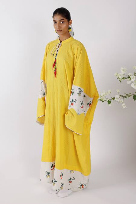 Shop Nikasha Yellow Cotton Round Neck Chilly Print Kaftan Online at Aza Fashions Shop_Nikasha_Yellow Cotton Round Neck Chilly Print Kaftan _Online_at_Aza_Fashions