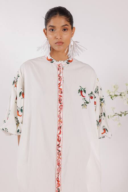 Nikasha Cream Cotton Embroidery Collared Chilly Print Popline Shirt Dress Online at Aza Fashions Nikasha_Cream Cotton Embroidery Collared Chilly Print Popline Shirt Dress _Online_at_Aza_Fashions