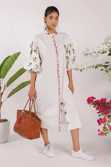 Buy Nikasha Cream Cotton Embroidery Collared Chilly Print Popline Shirt Dress Online at Aza Fashions Buy_Nikasha_Cream Cotton Embroidery Collared Chilly Print Popline Shirt Dress _Online_at_Aza_Fashions