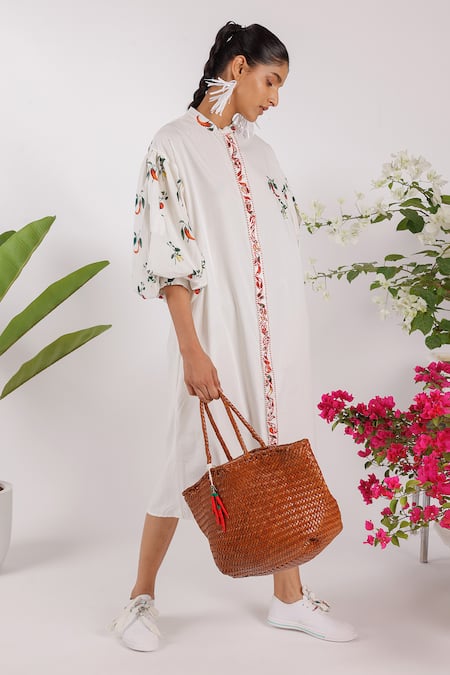 Shop Nikasha Cream Cotton Embroidery Collared Chilly Print Popline Shirt Dress Online at Aza Fashions Shop_Nikasha_Cream Cotton Embroidery Collared Chilly Print Popline Shirt Dress _Online_at_Aza_Fashions