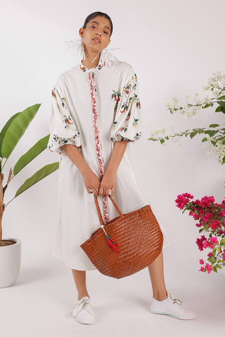 Nikasha Cream Cotton Embroidery Collared Chilly Print Popline Shirt Dress at Aza Fashions Nikasha_Cream Cotton Embroidery Collared Chilly Print Popline Shirt Dress _at_Aza_Fashions