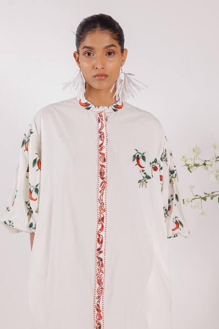 Buy Nikasha Cream Cotton Embroidery Collared Chilly Print Popline Shirt Dress Buy_Nikasha_Cream Cotton Embroidery Collared Chilly Print Popline Shirt Dress