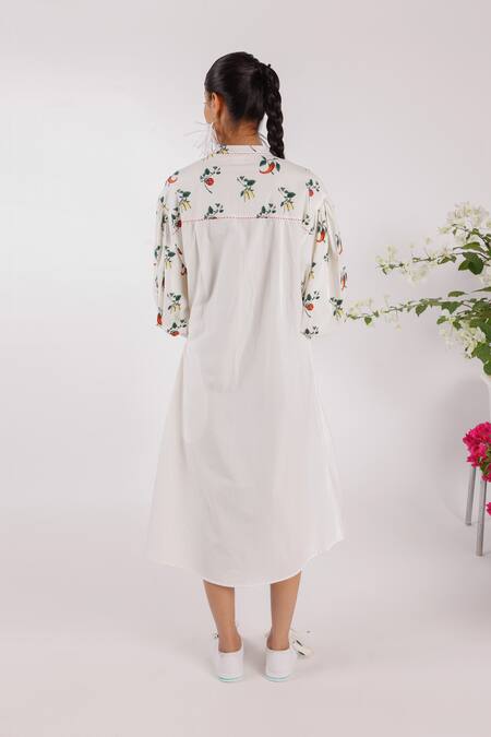 Shop Nikasha Cream Cotton Embroidery Collared Chilly Print Popline Shirt Dress Shop_Nikasha_Cream Cotton Embroidery Collared Chilly Print Popline Shirt Dress