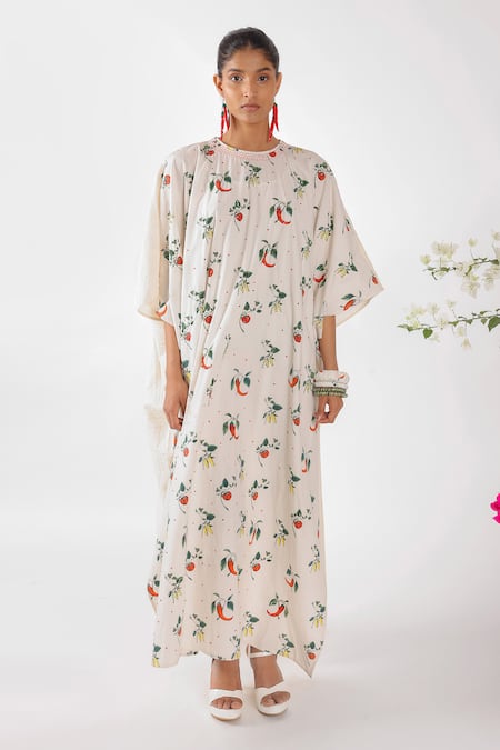 Nikasha_Cream Cotton Embroidery Round Neck Chilly Print Seersucker Kaftan _Online_at_Aza_Fashions